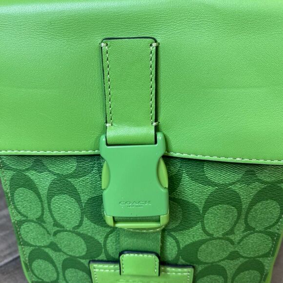 Coach Track Pack Bag Crossbody Signature Canvas Gunmetal Neon Green Leather - Picture 5 of 12